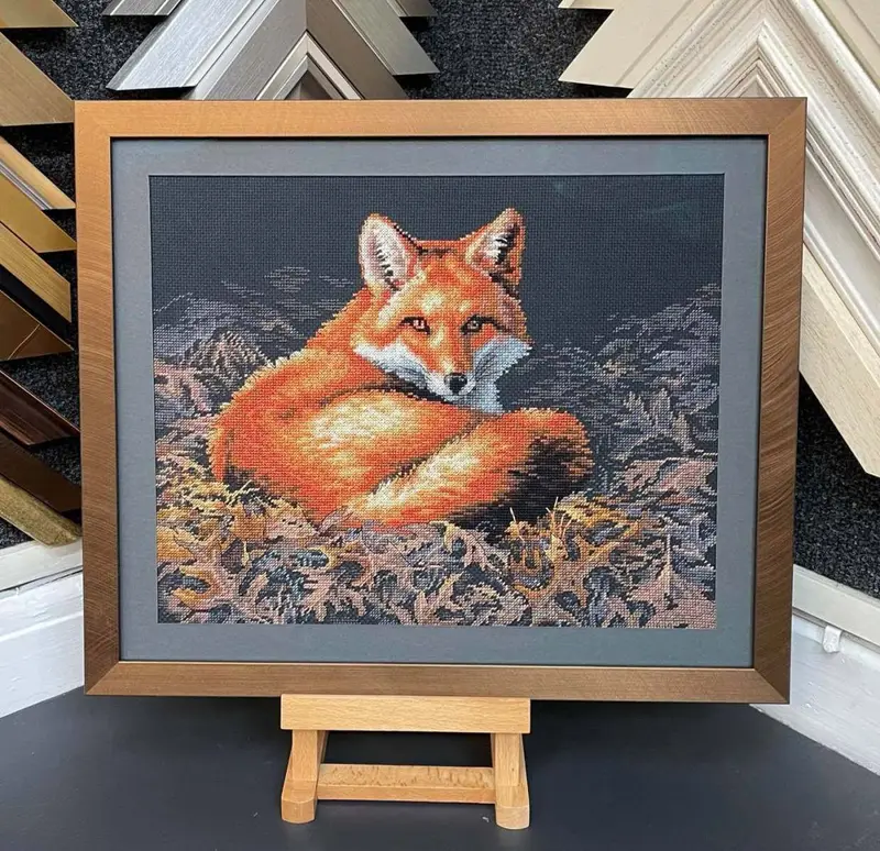 Fox cross-stitch in a copper frame framed by Tripps of Keynsham Bristol